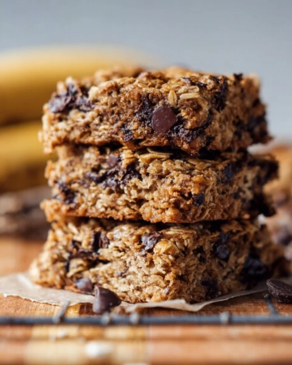 Homemade 4-ingredient banana oat bars on a wooden table