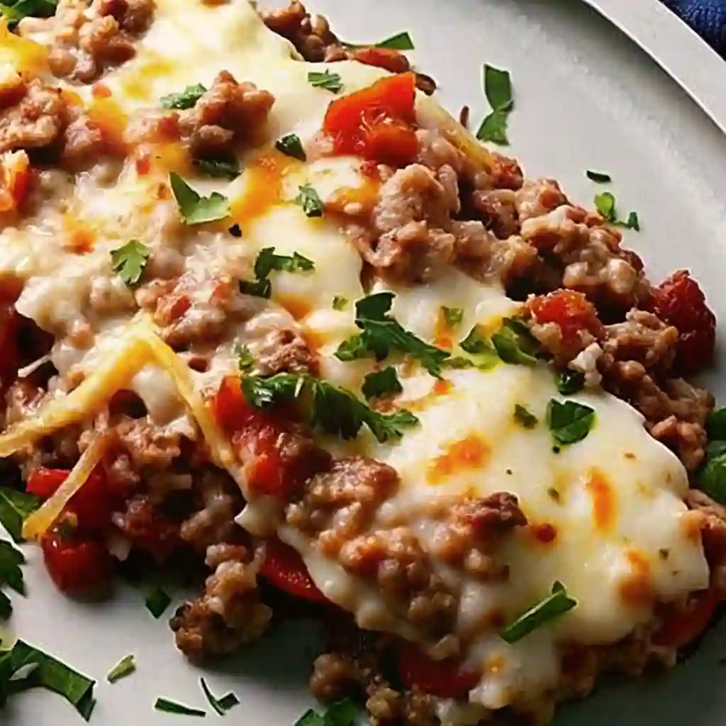 Cheesy hamburger rice casserole served in a baking dish with melted cheese on top.
