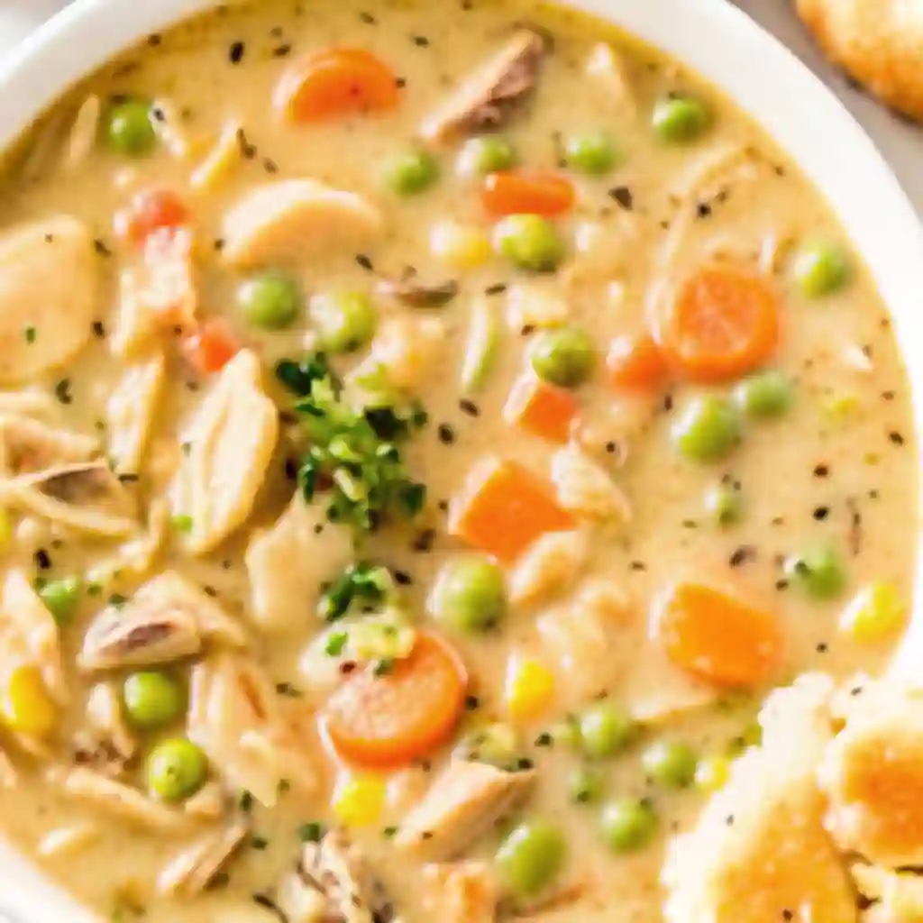 Bowl of creamy Chicken Pot Pie Soup with vegetables and herbs
