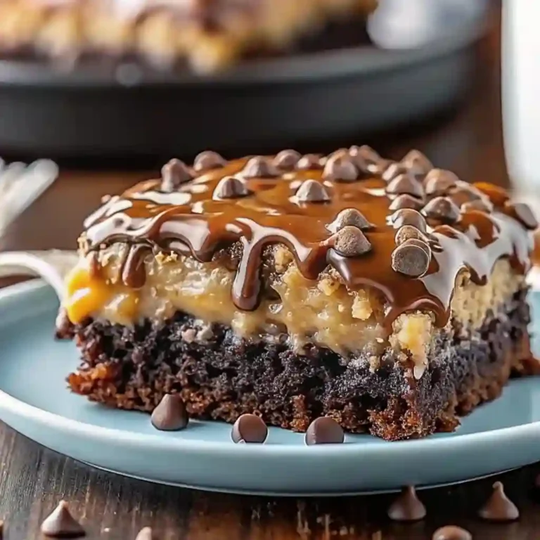 Slice of German Chocolate Poke Cake topped with coconut and pecan frosting