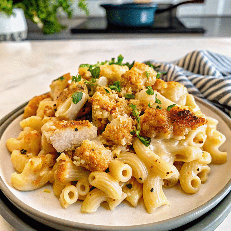 Creamy chicken mac and cheese served in a bowl with cheese and chicken pieces