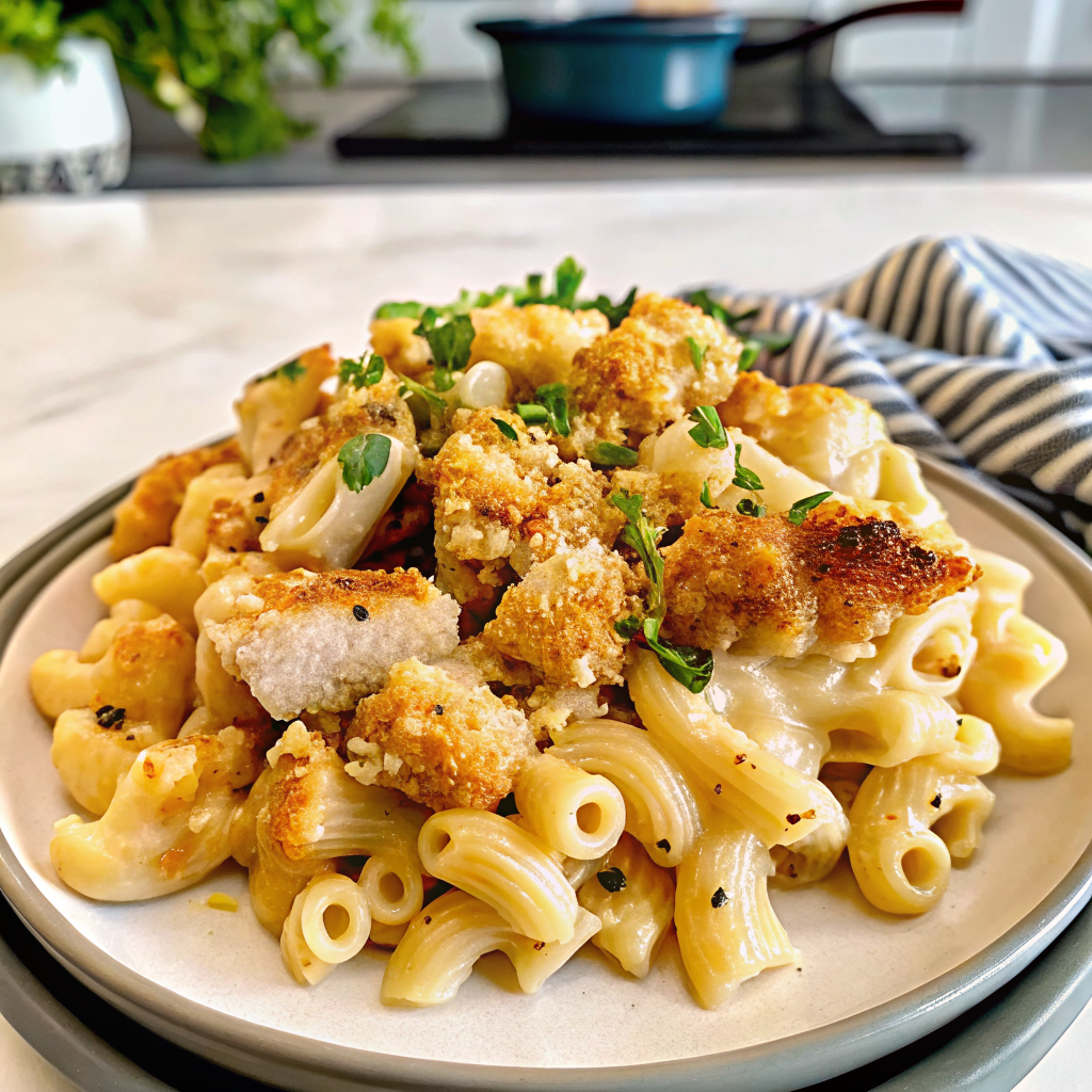 Creamy chicken mac and cheese served in a bowl with cheese and chicken pieces