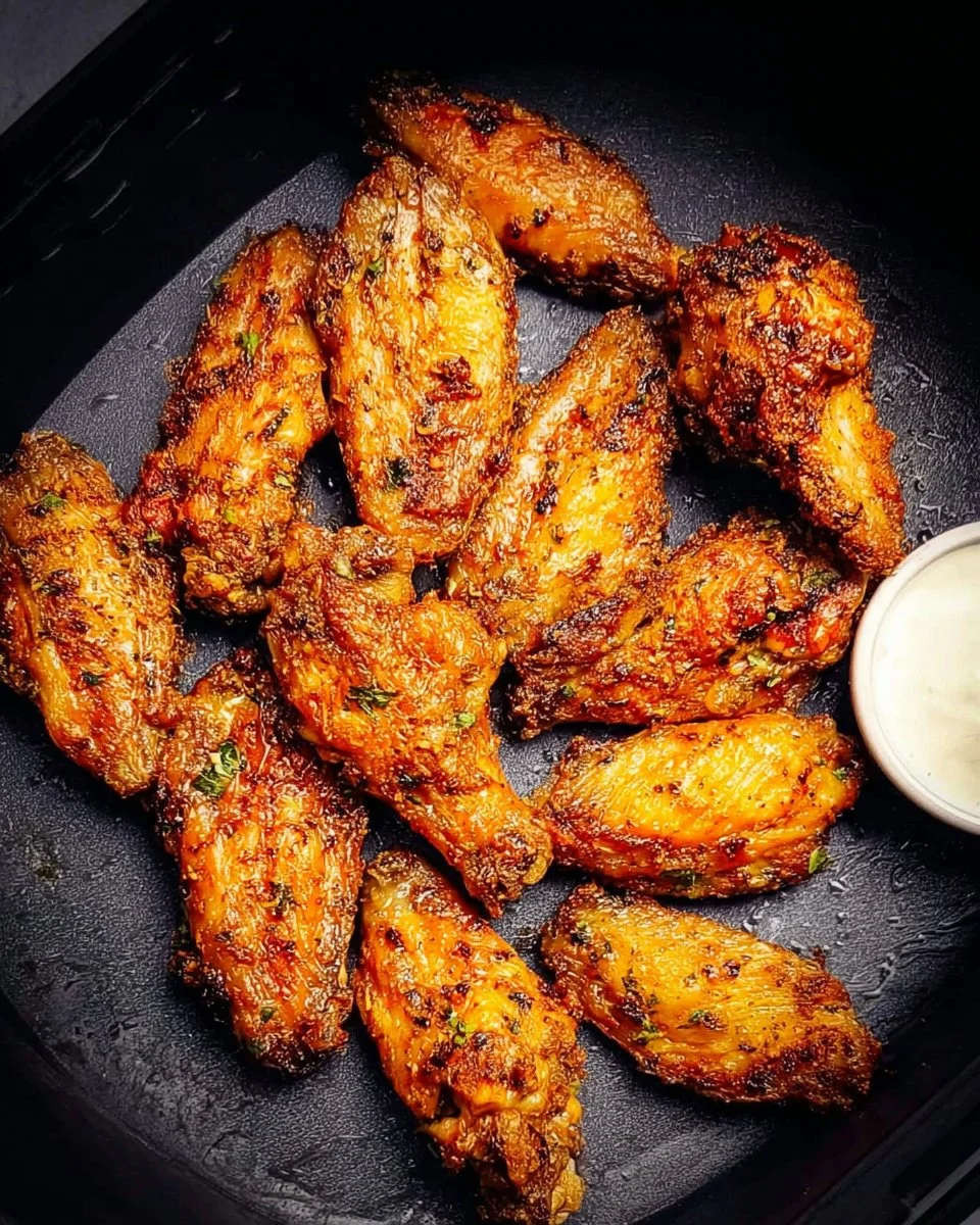 Crispy air fryer chicken wings served with dipping sauce