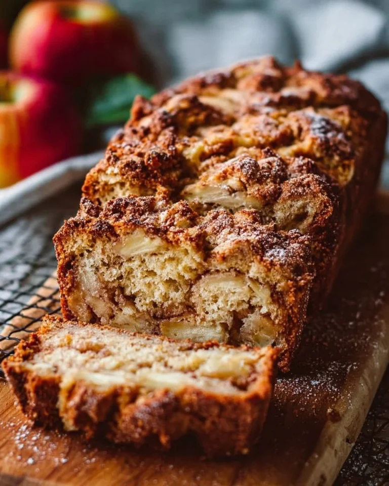 Homemade apple bread loaf with slices displayed on a wooden table