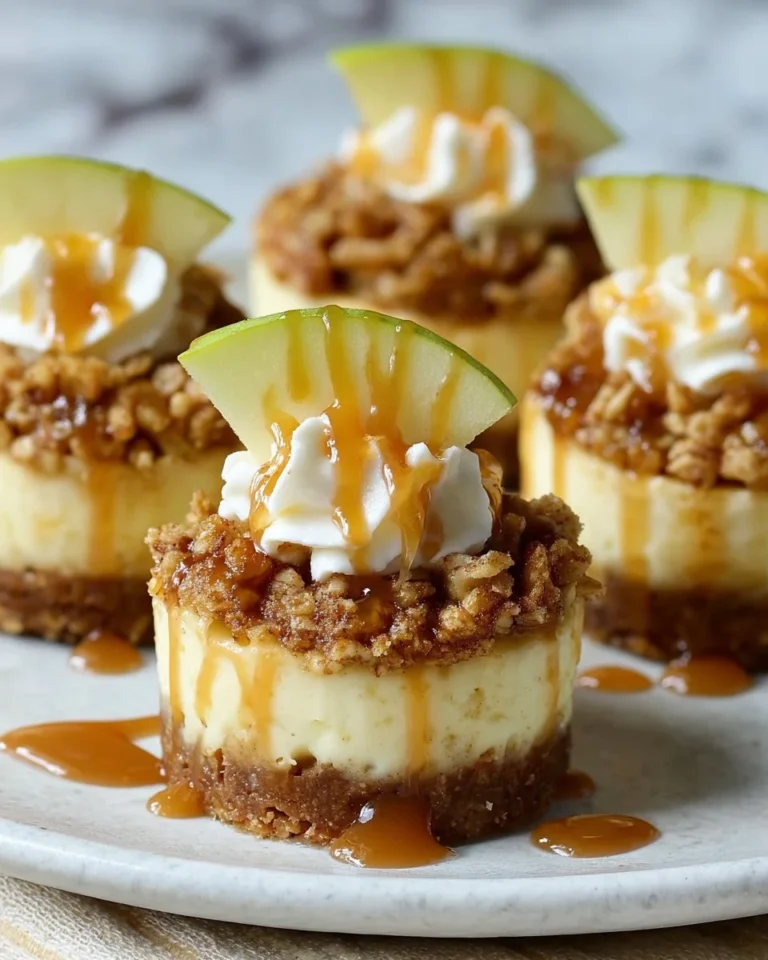 Delicious Apple Crisp Mini Cheesecakes topped with apples and a crispy crumble.