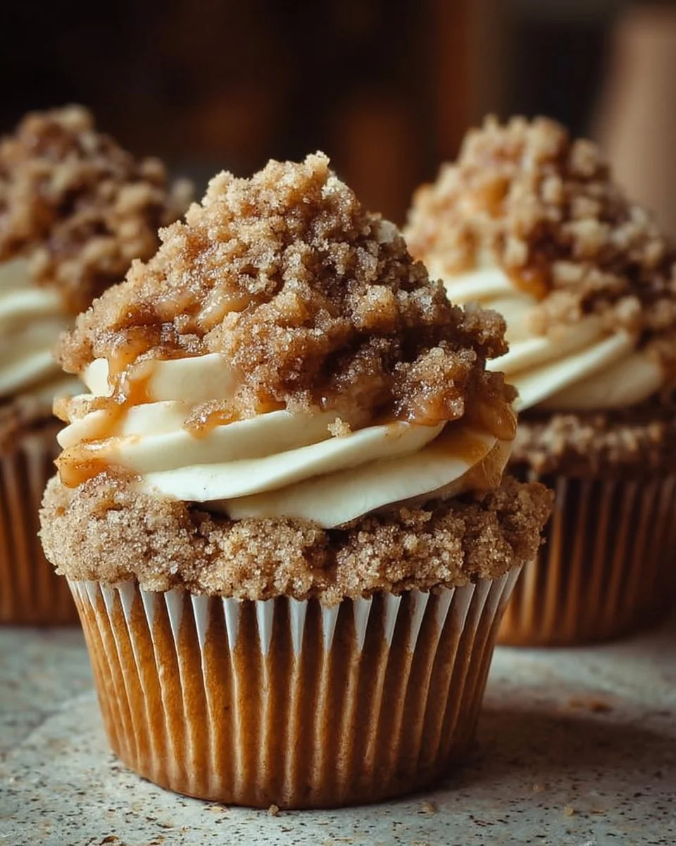 Delicious Apple Crumble Cupcakes topped with a crunchy crumble and apple slices