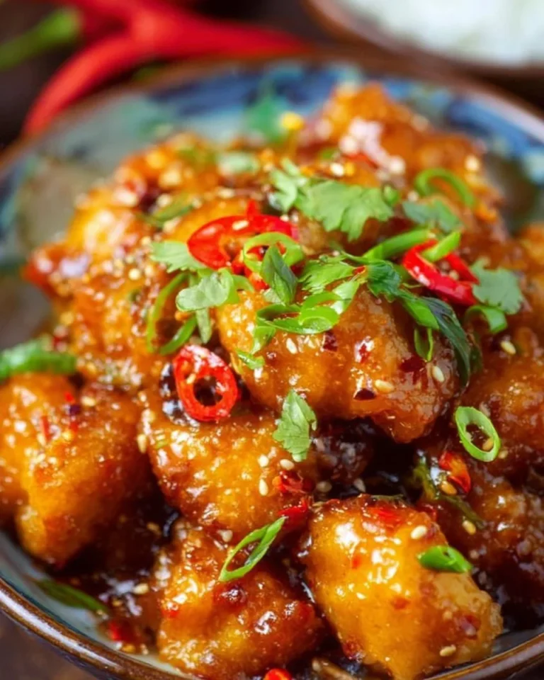 Plate of Asian Sweet Chili Chicken garnished with herbs