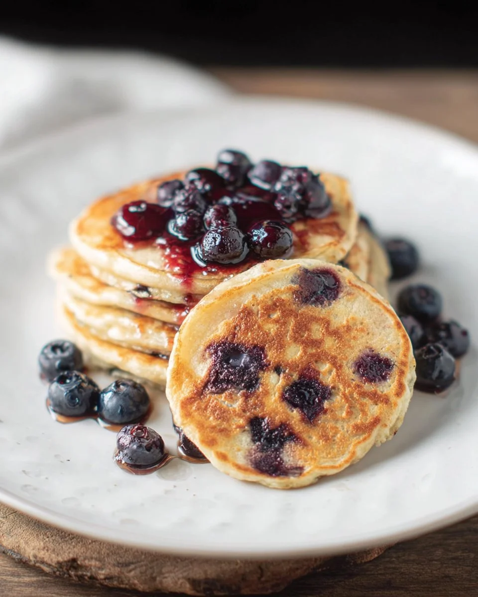 Fluffy baby blueberry pancakes topped with fresh blueberries and syrup