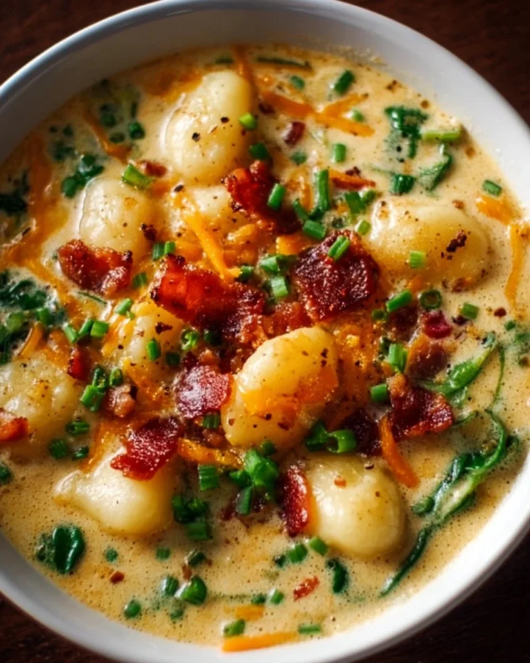 A bowl of Bacon Cheddar Gnocchi Soup garnished with herbs