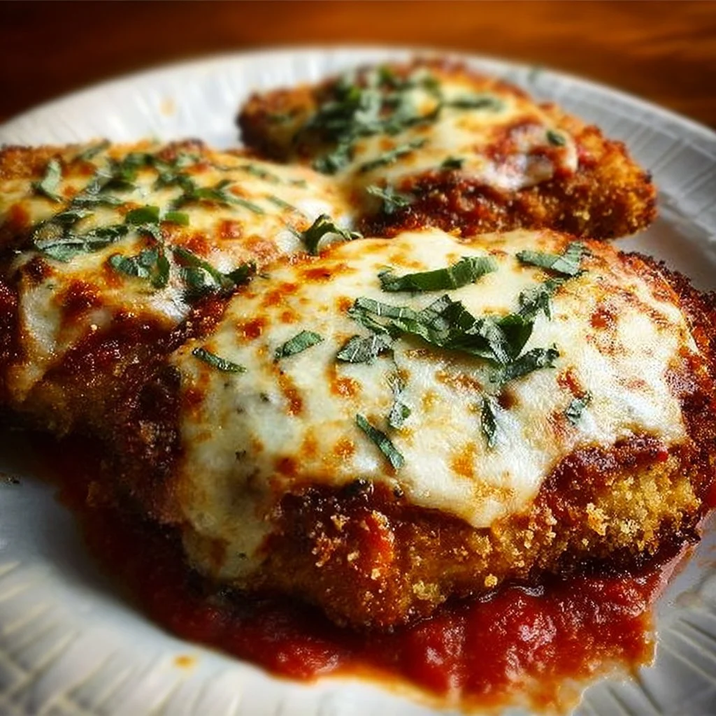 Delicious Baked Chicken Parmesan garnished with fresh herbs