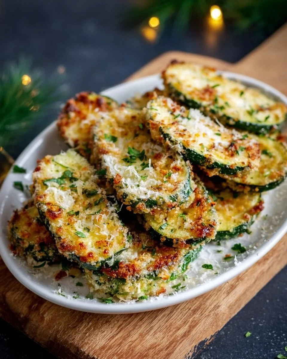 Baked Parmesan zucchini garnished with herbs, served on a plate.