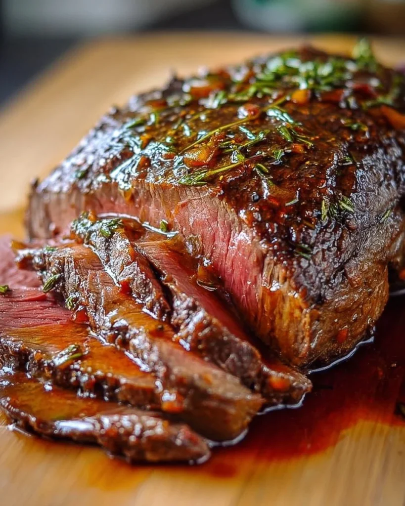 Balsamic glazed roast beef on a serving platter, garnished with herbs.