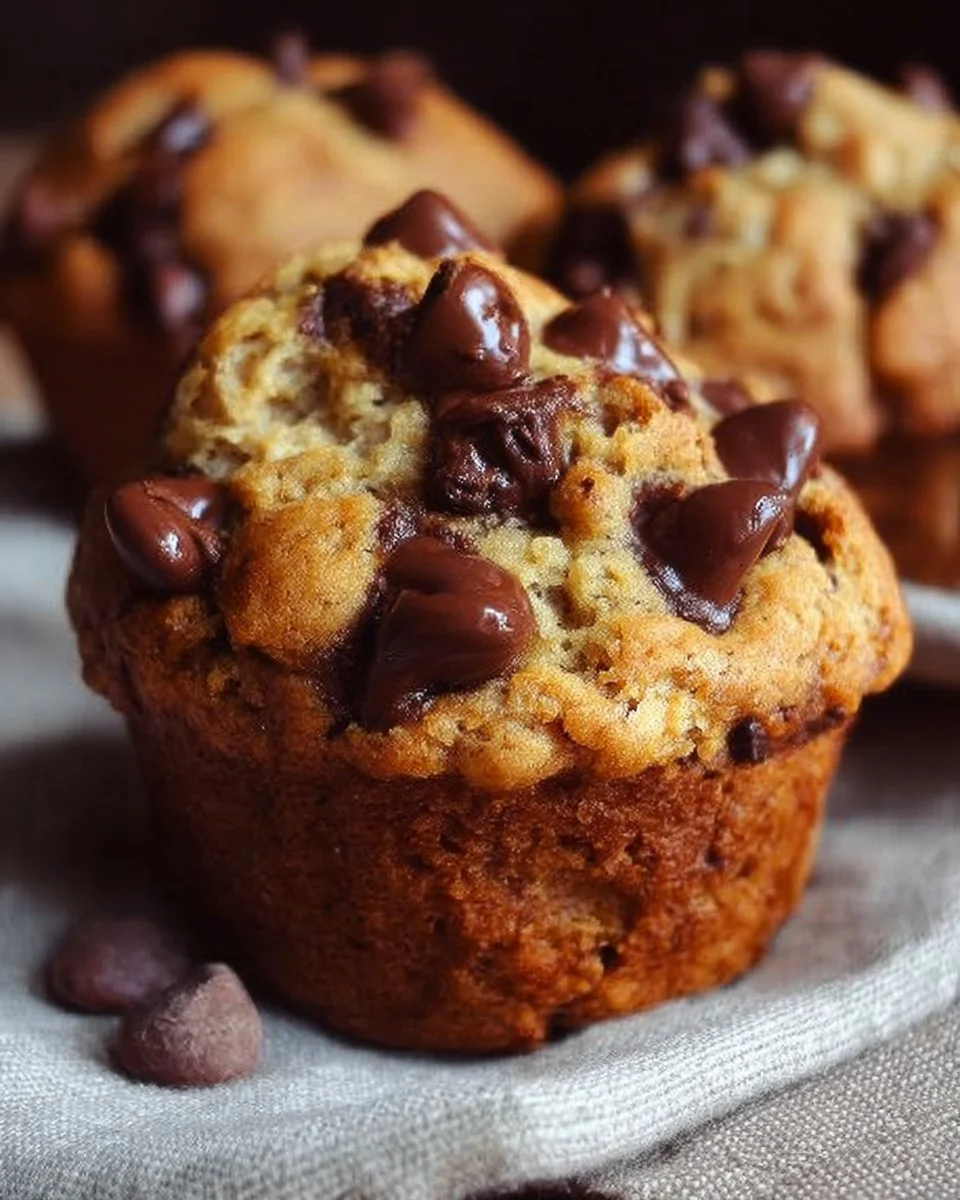 Homemade banana chocolate chip muffins on a wooden table