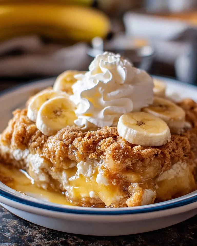 Delicious homemade Banana Cobbler dessert served with a scoop of vanilla ice cream