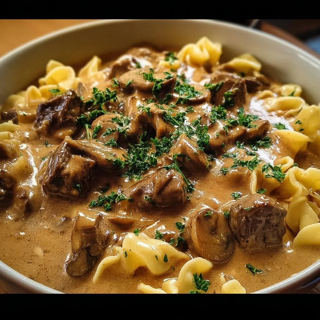 Creamy Beef Stroganoff served with pasta in a bowl
