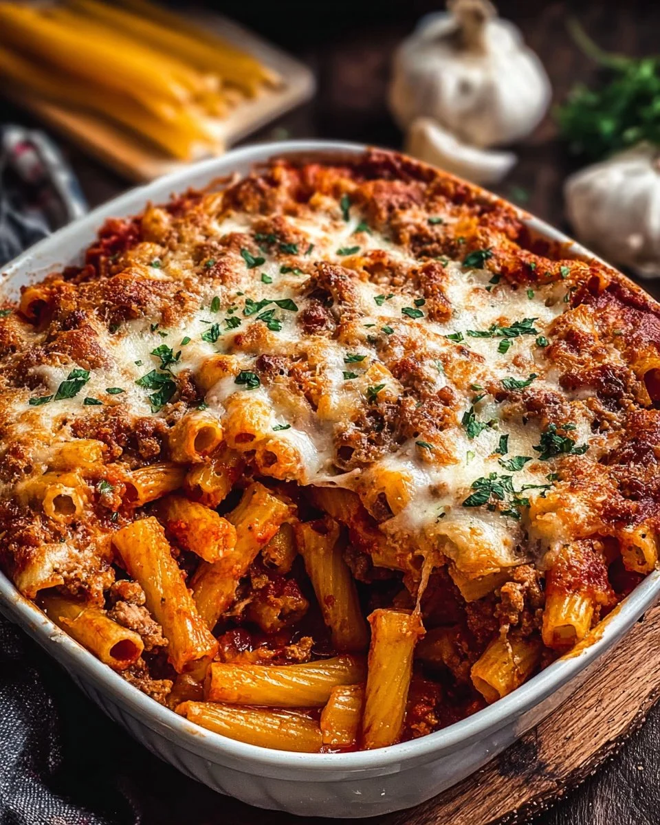 Delicious baked ziti topped with melted cheese and herbs in a casserole dish
