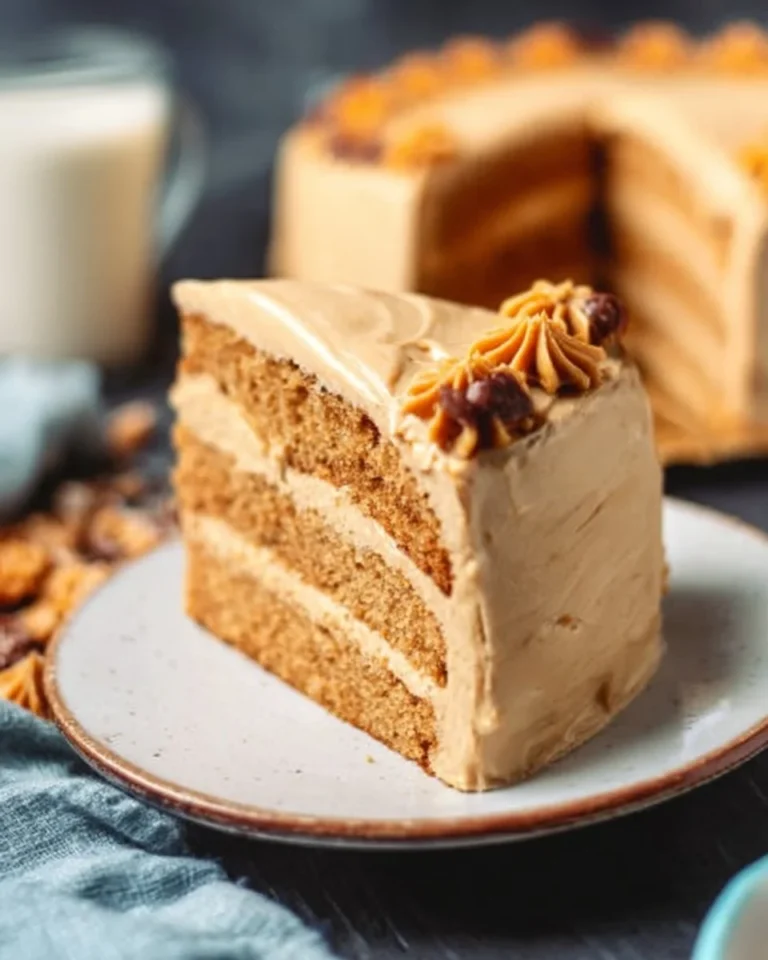 Delicious slice of the best peanut butter cake topped with creamy frosting.