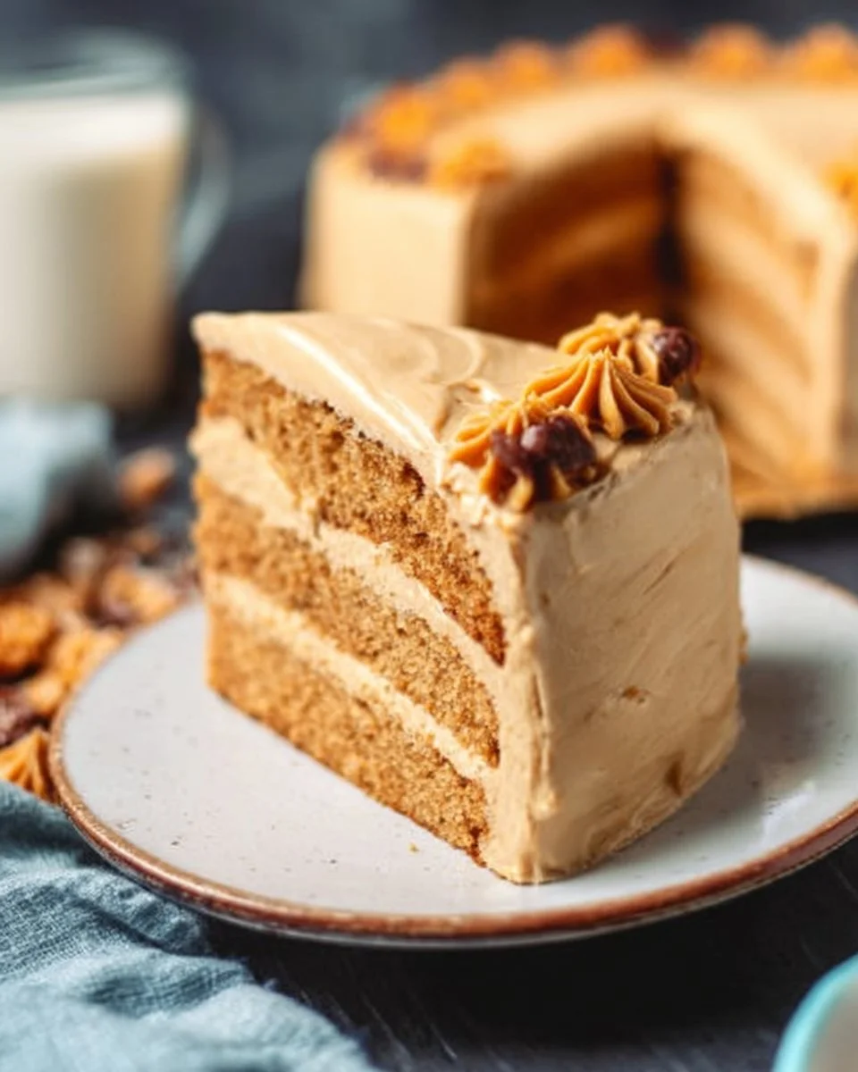 Delicious slice of the best peanut butter cake topped with creamy frosting.
