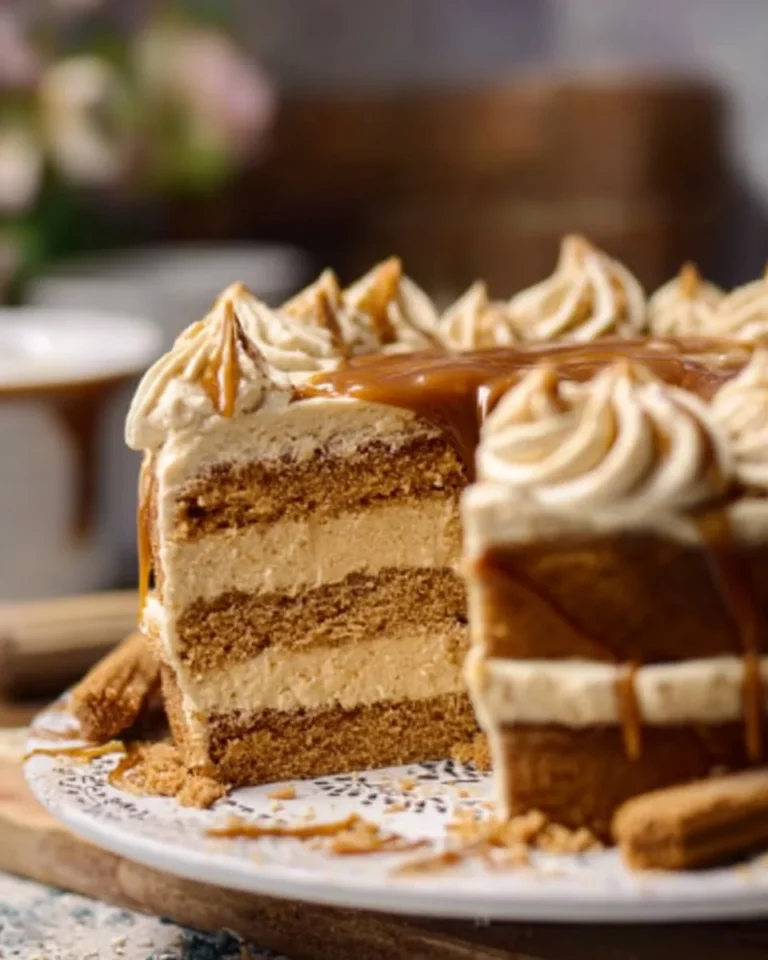 Delicious Biscoff cake topped with caramel and Biscoff cookies