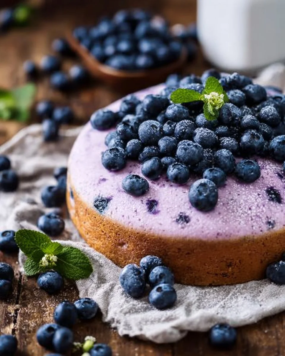 Slice of blueberry cake with cream cheese frosting on a plate