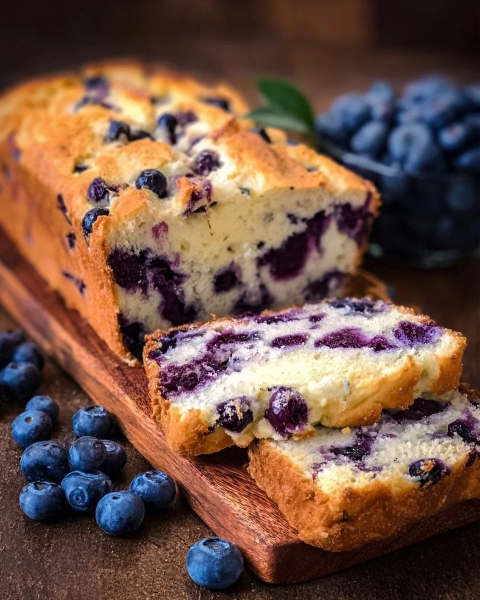 Slice of Blueberry Cream Cheese Bread with blueberries on top