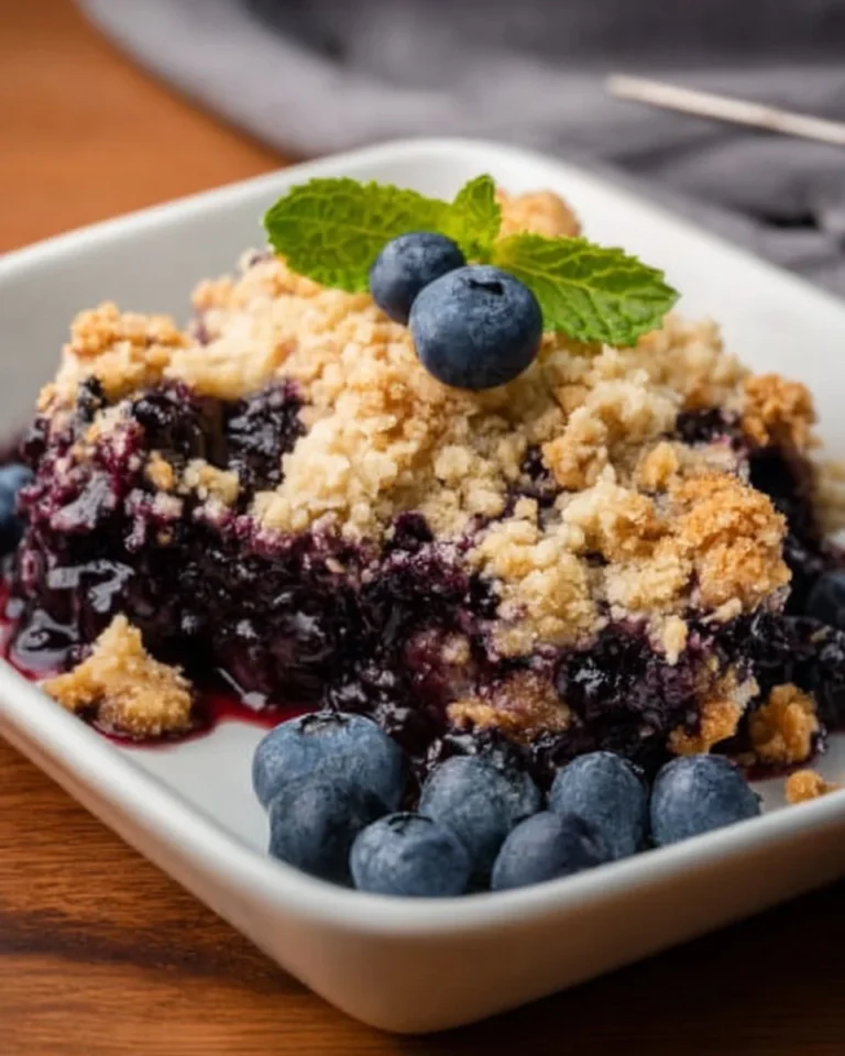Delicious Blueberry Crisp served in a baking dish with a golden crumble topping