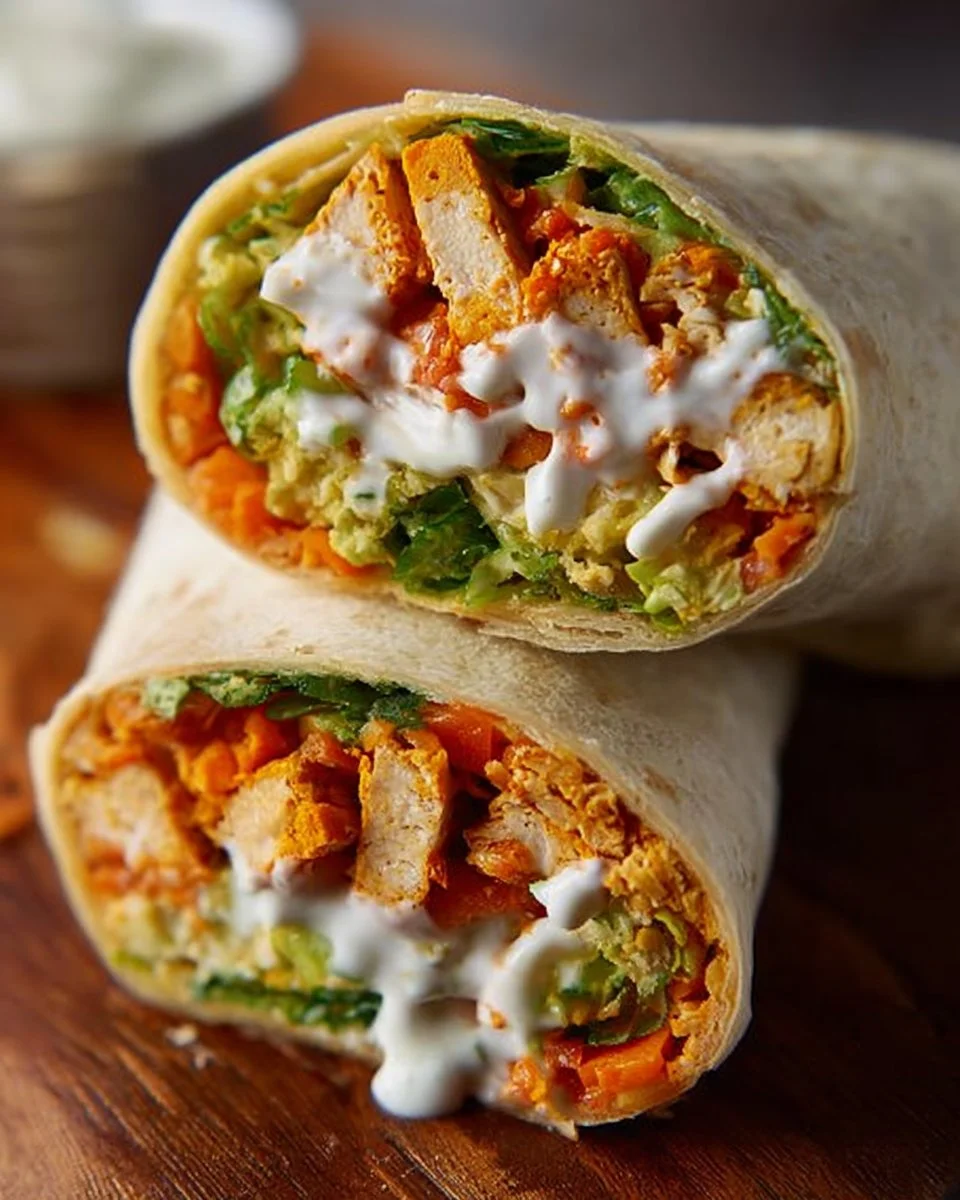 Buffalo Tofu Wrap filled with spicy tofu and fresh vegetables