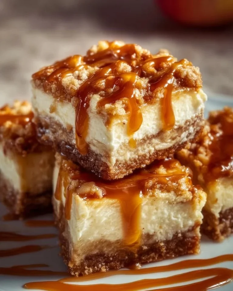 Decadent caramel apple cheesecake bars topped with caramel drizzle and apple slices.