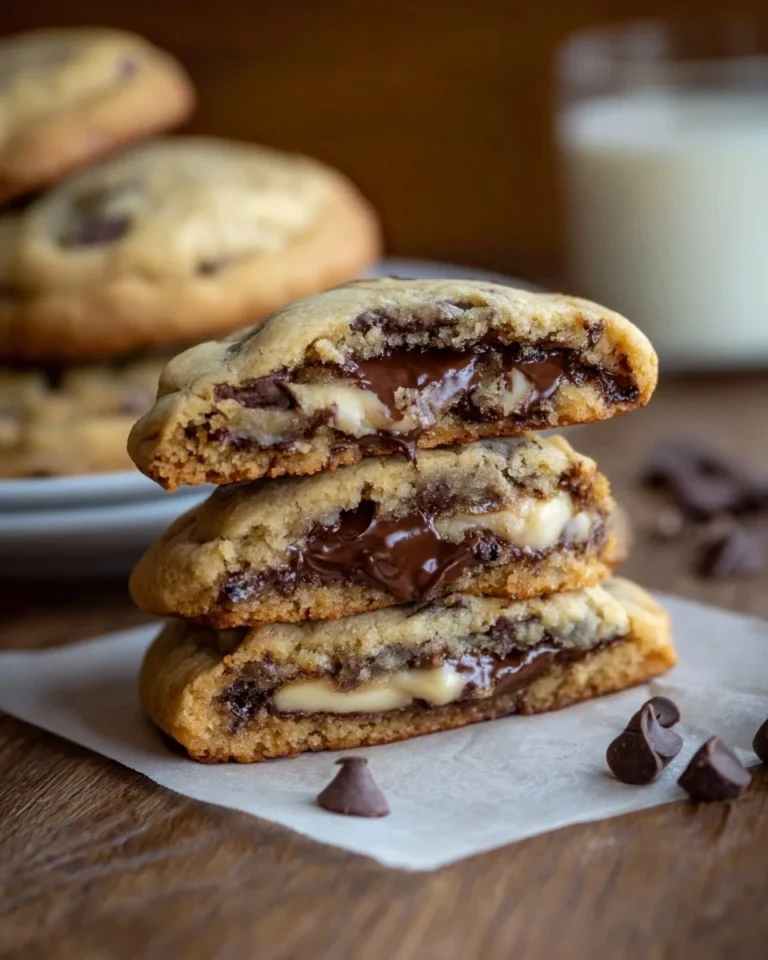 Cheesecake stuffed chocolate chip cookies drizzled with chocolate on a plate