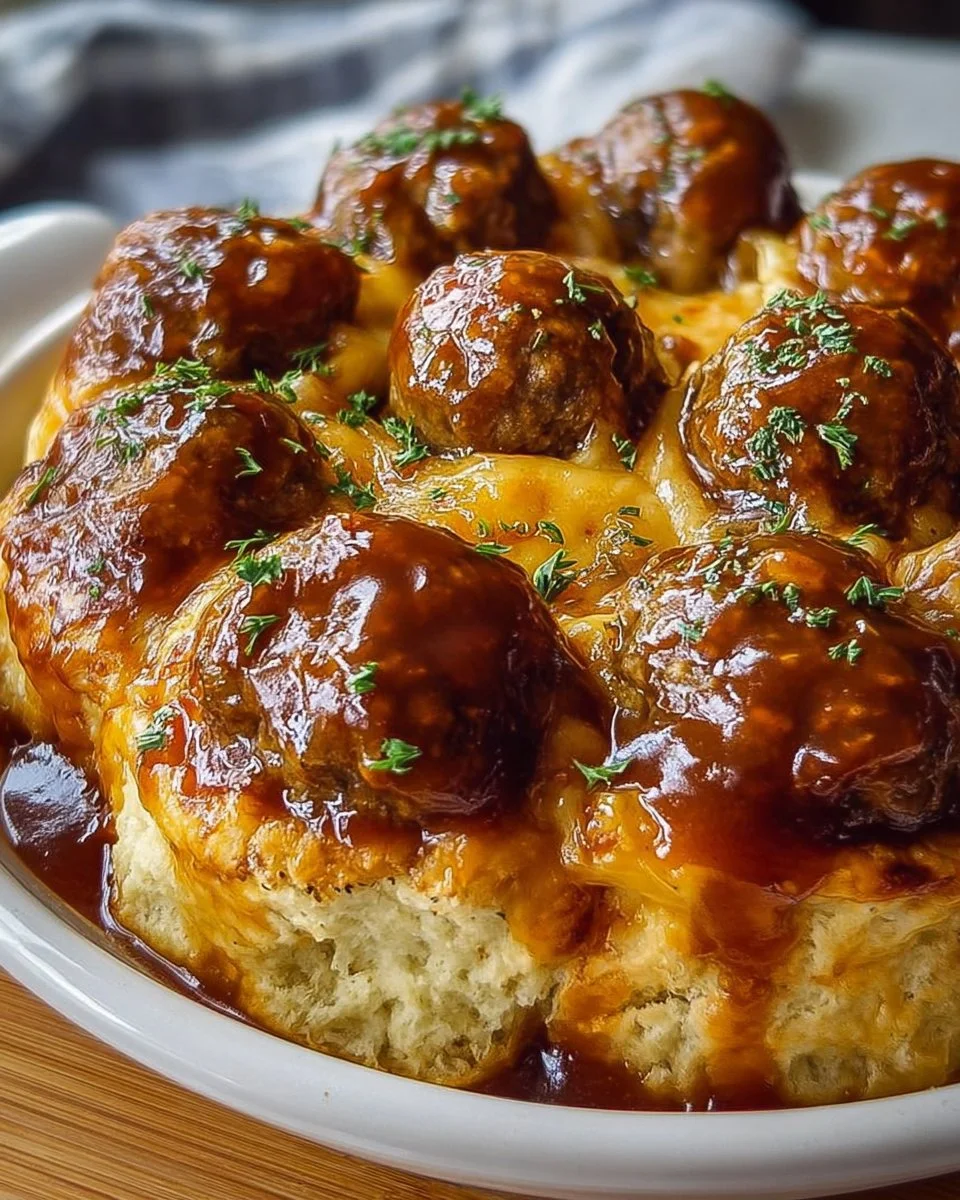 Cheesy BBQ meatball biscuit bake topped with melted cheese and garnished with herbs.