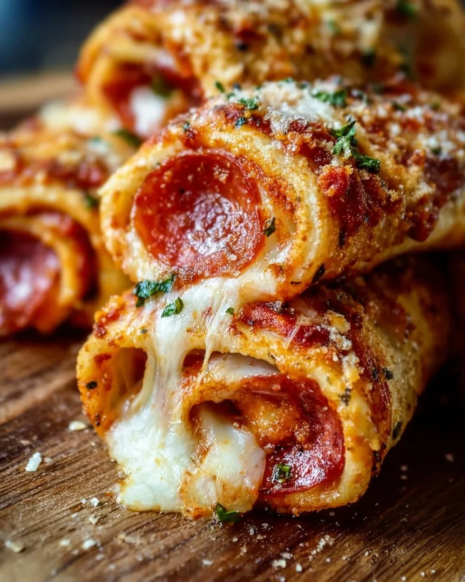 Cheesy pepperoni pizza roll-ups fresh out of the oven, stuffed with gooey cheese.