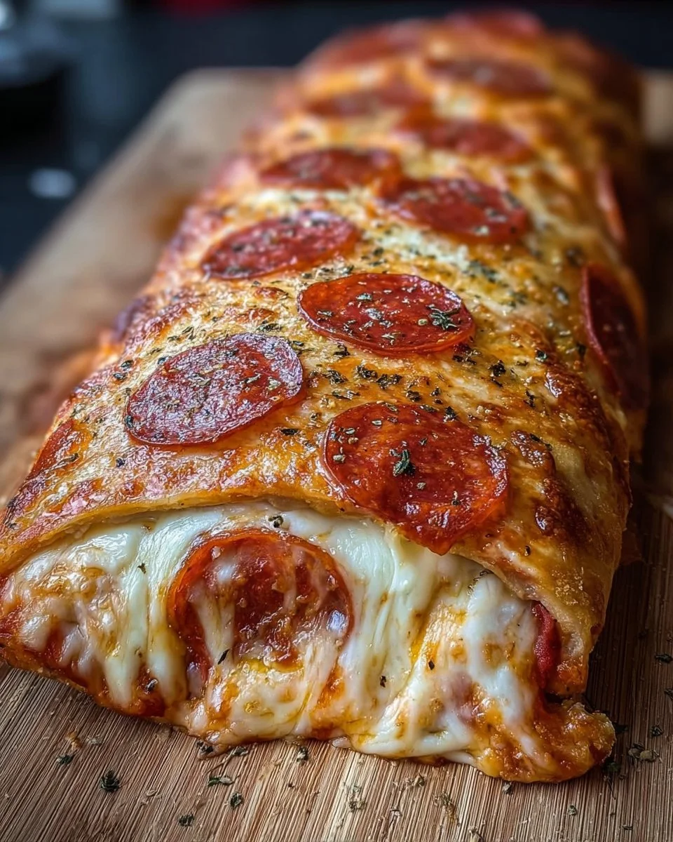 Cheesy Pepperoni Stromboli fresh out of the oven, showcasing gooey cheese and pepperoni filling.