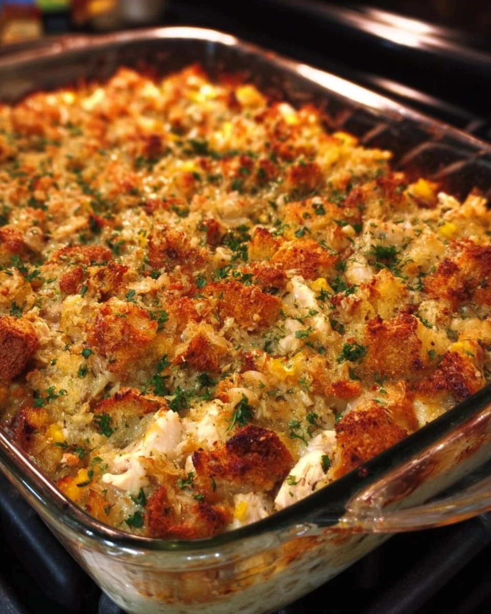 Delicious chicken and stuffing casserole dish ready to serve