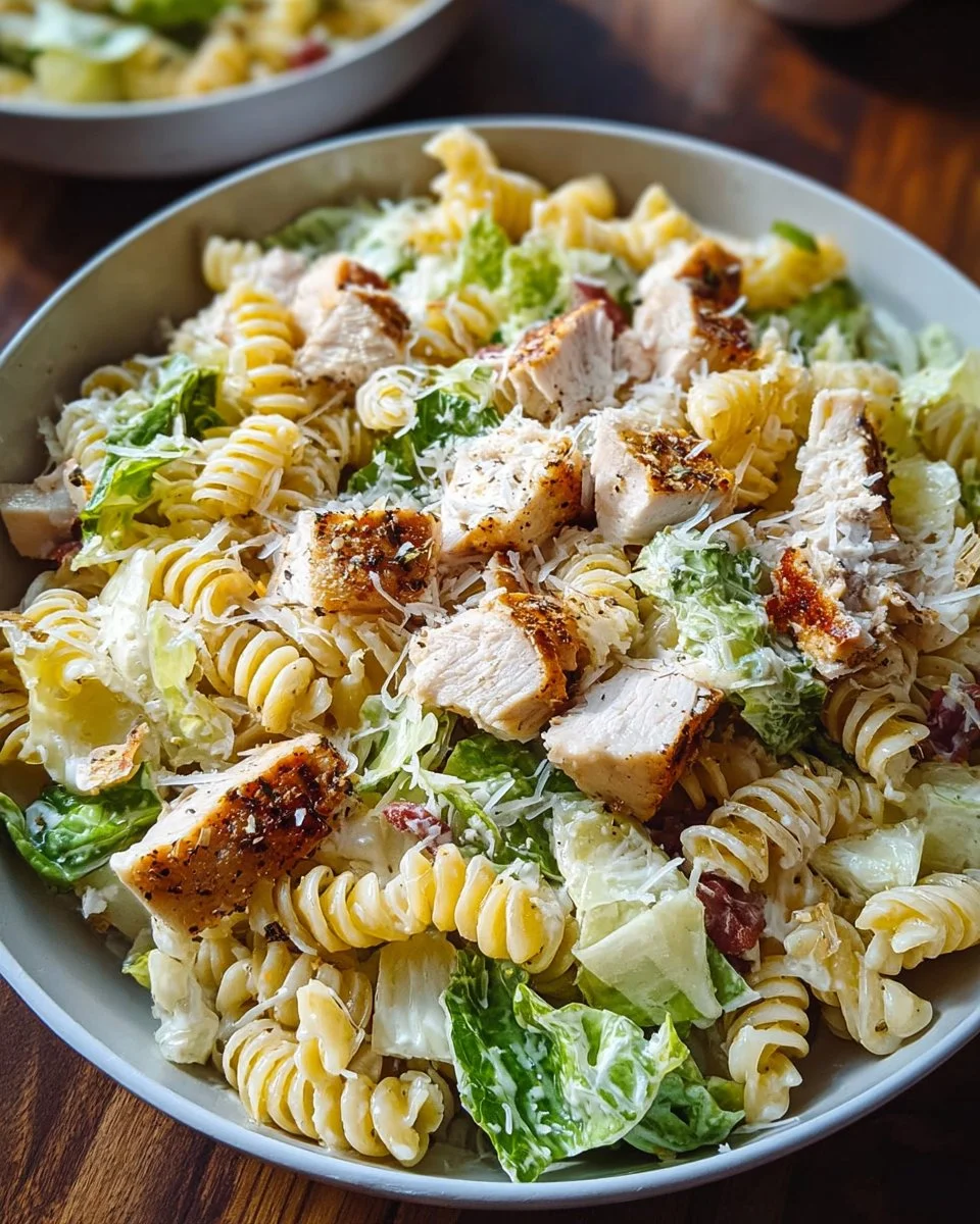 Delicious Chicken Caesar Pasta Salad with grilled chicken and fresh ingredients