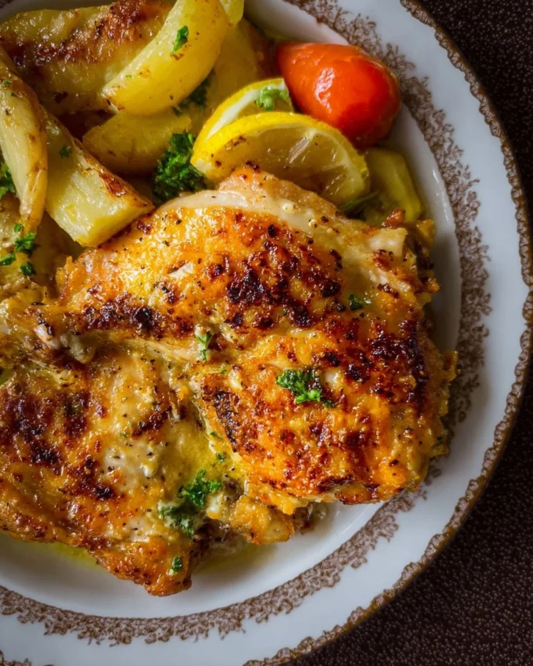 A mouthwatering chicken dinner plated with vegetables and spices.