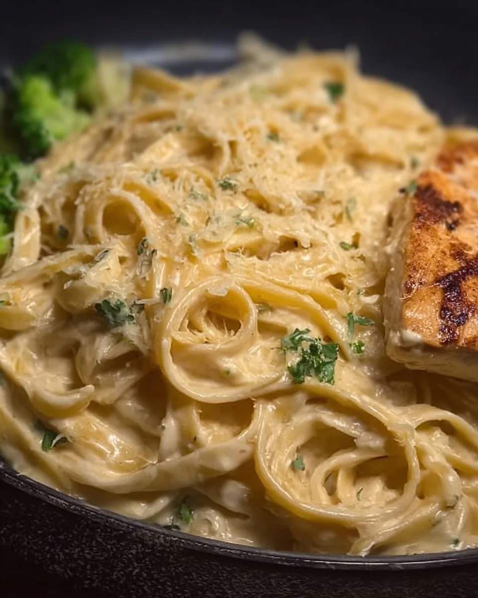 Creamy Chicken Fettuccine Alfredo served with parsley and grated cheese