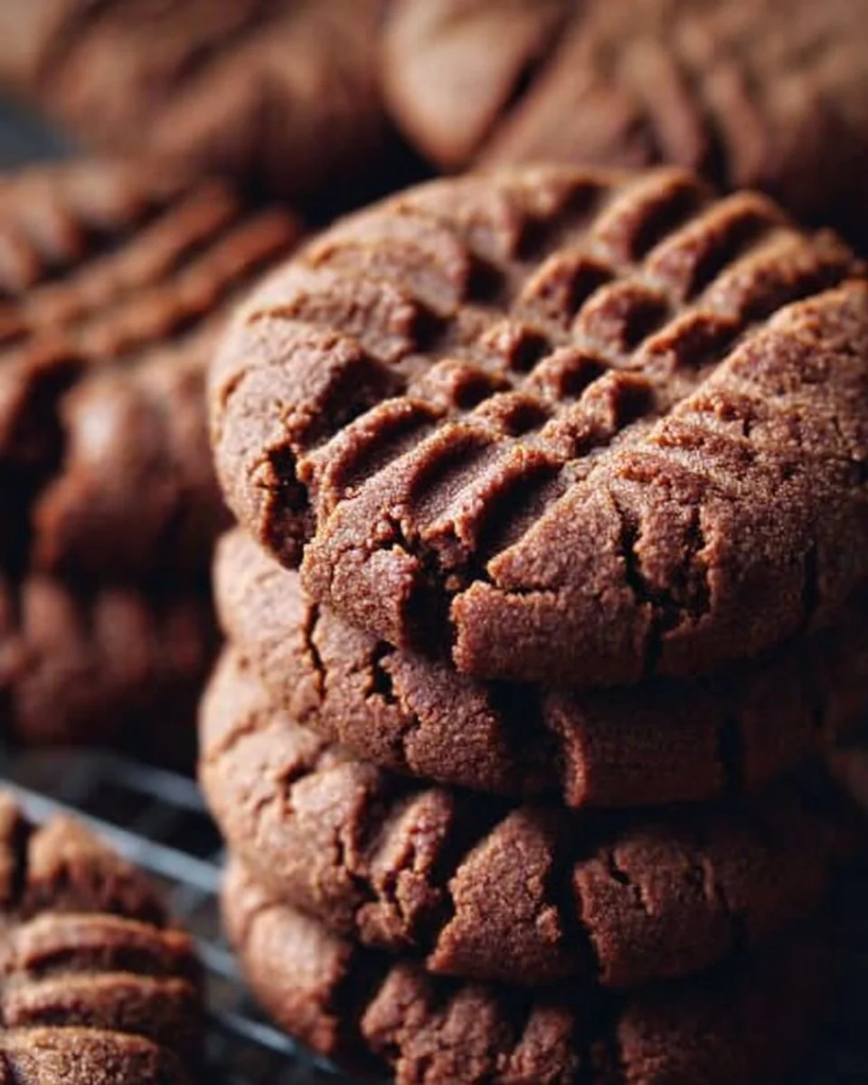 Freshly baked chocolate peanut butter cookies stacked on a plate