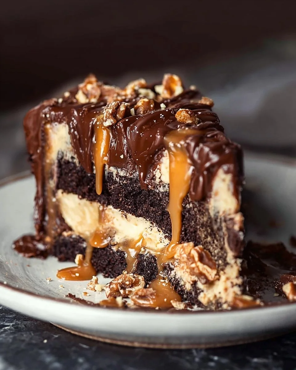 Delicious Chocolate Snickers Cake topped with caramel and peanuts