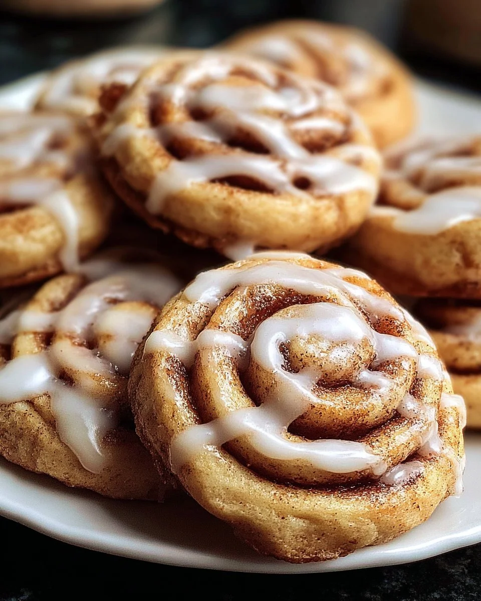 Delicious cinnamon roll cookies topped with icing and cinnamon sugar