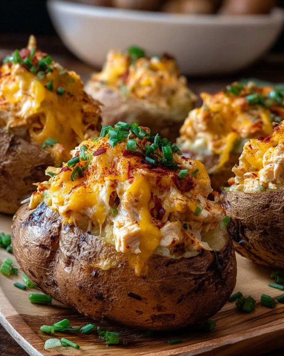 Delicious crack chicken stuffed baked potatoes, a savory comfort food dish.