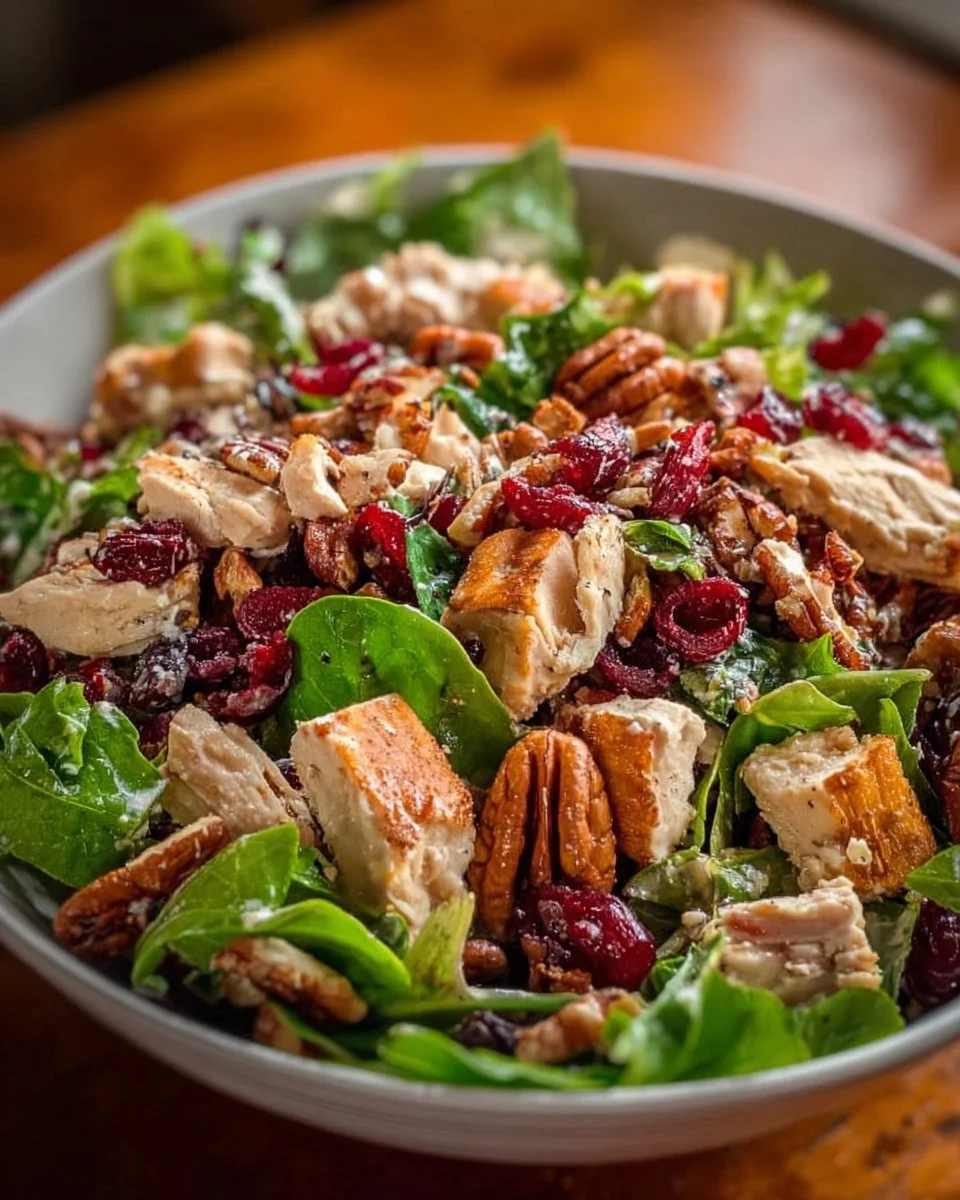 Cranberry Pecan Chicken Salad served in a bowl with fresh ingredients