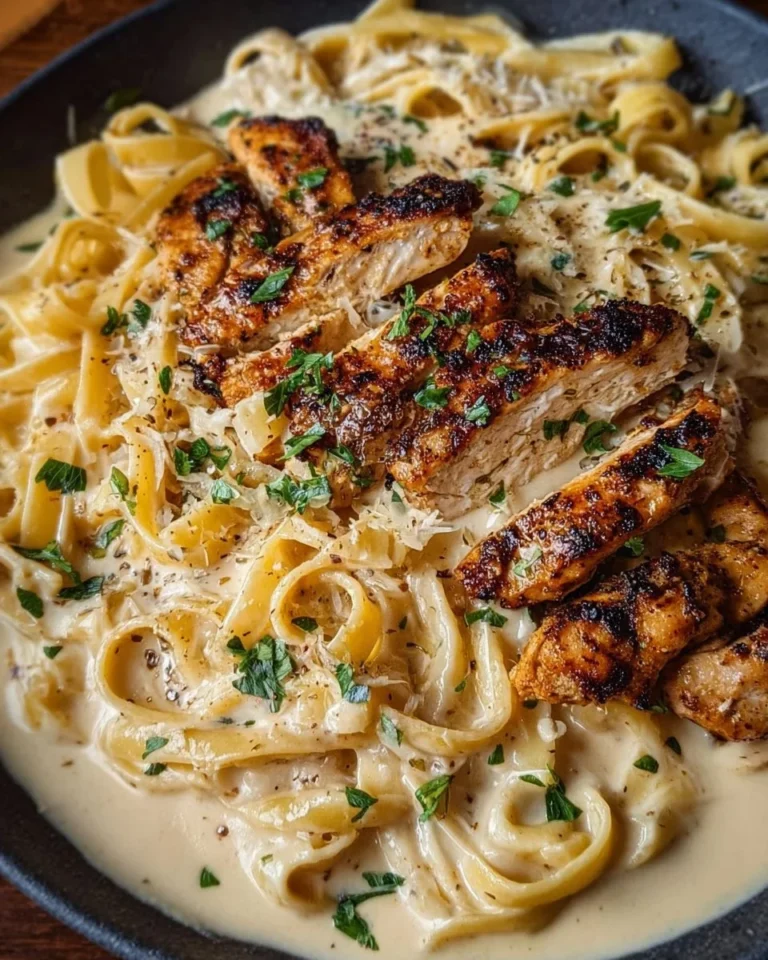 Creamy Blackened Cajun Chicken Alfredo topped with herbs and spices