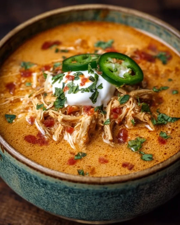 Delicious creamy chicken enchilada soup garnished with cilantro and lime.