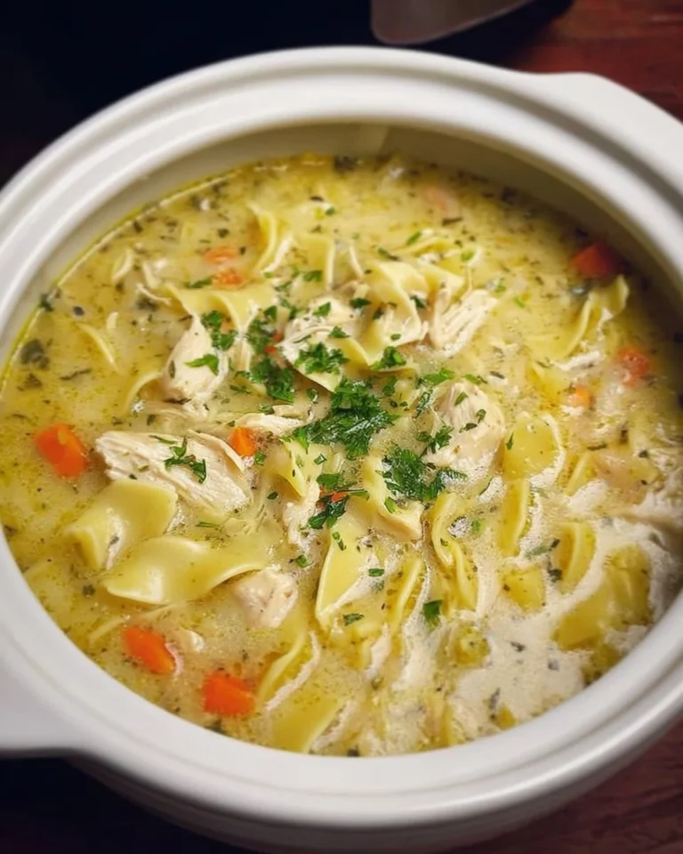 Bowl of creamy chicken noodle soup with vegetables and herbs