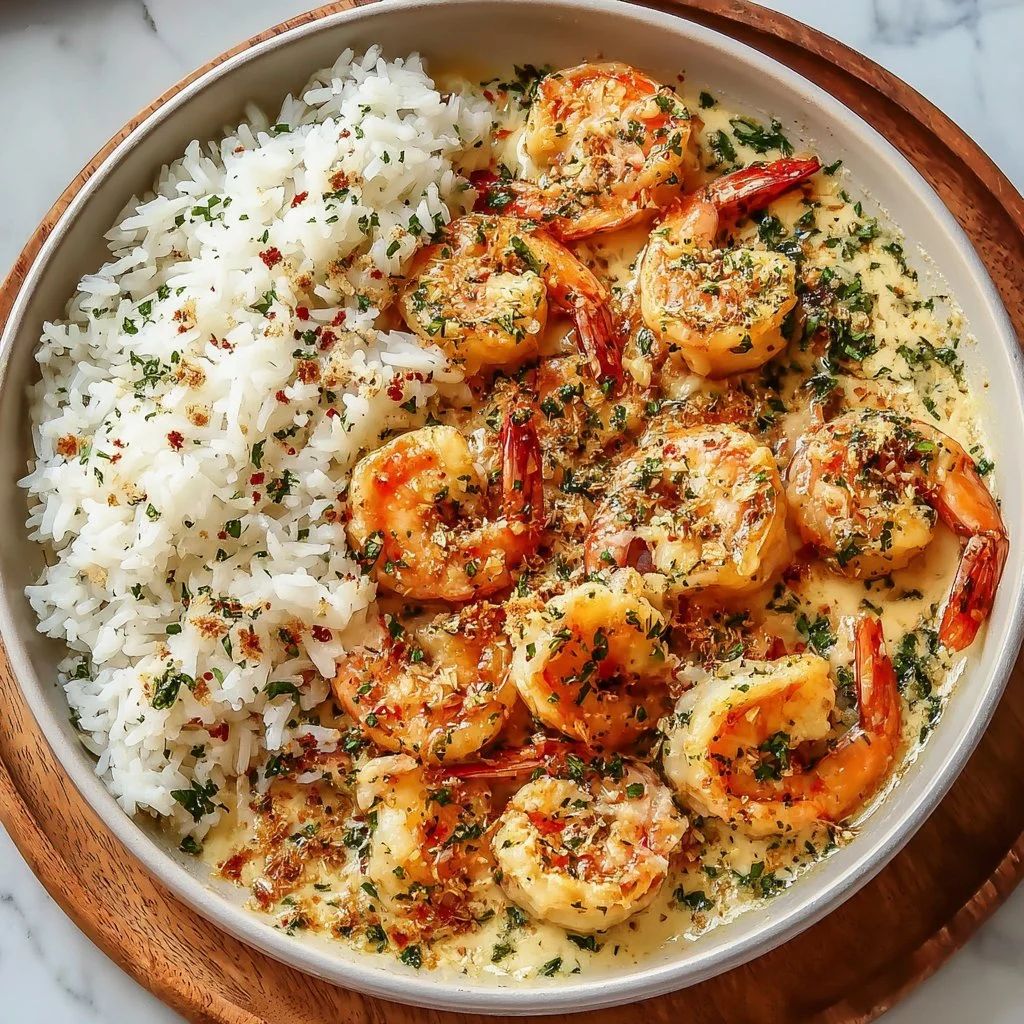 Creamy garlic butter shrimp served with rice in a delicious dish