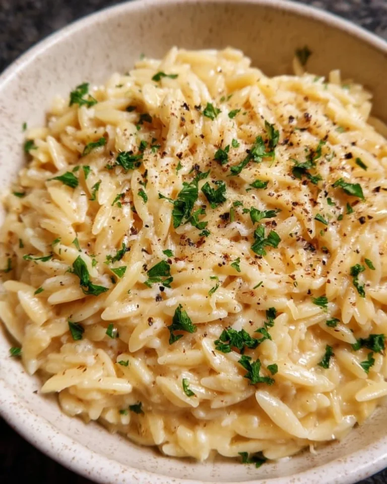 Creamy garlic parmesan orzo served in a bowl