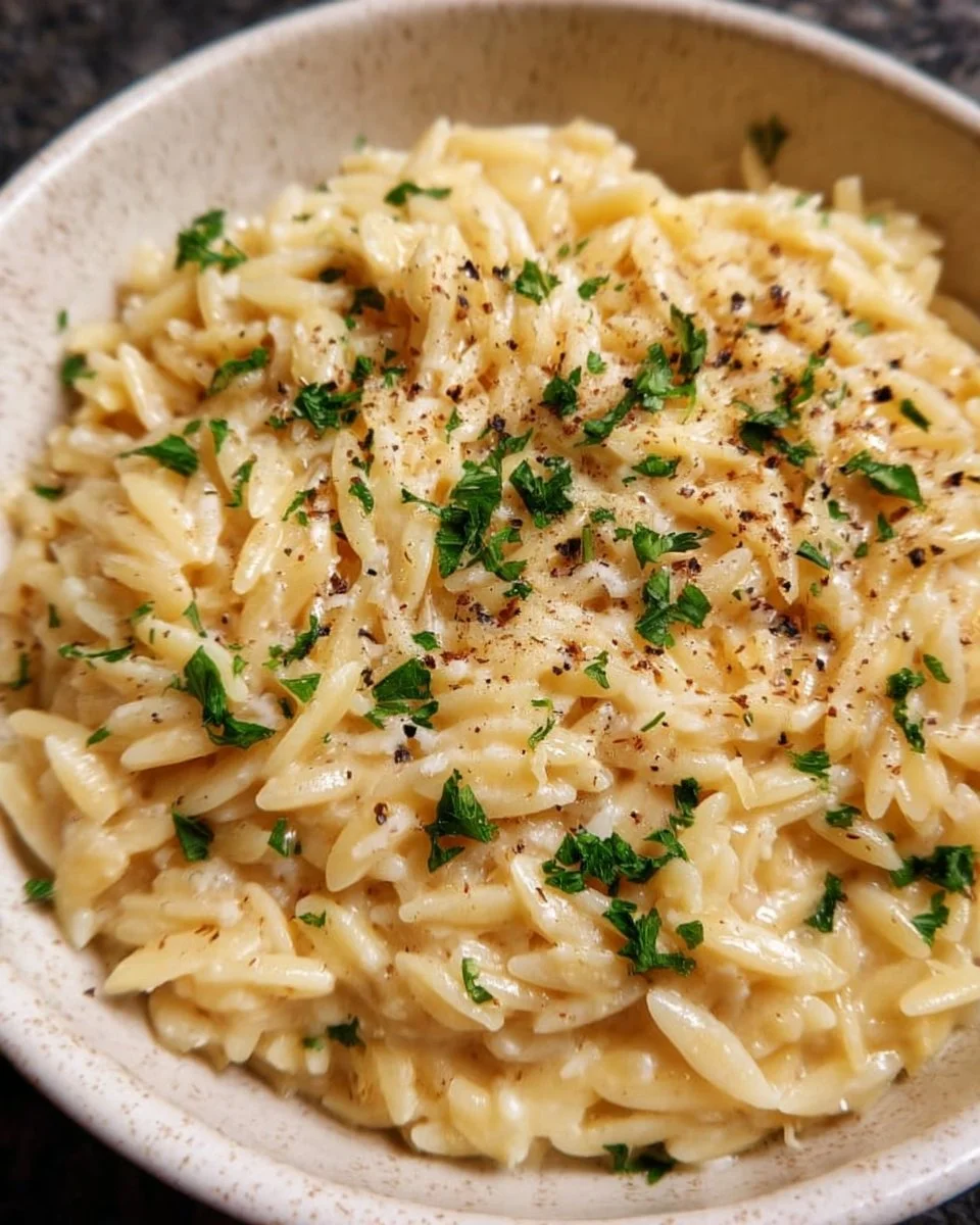 Creamy garlic parmesan orzo served in a bowl
