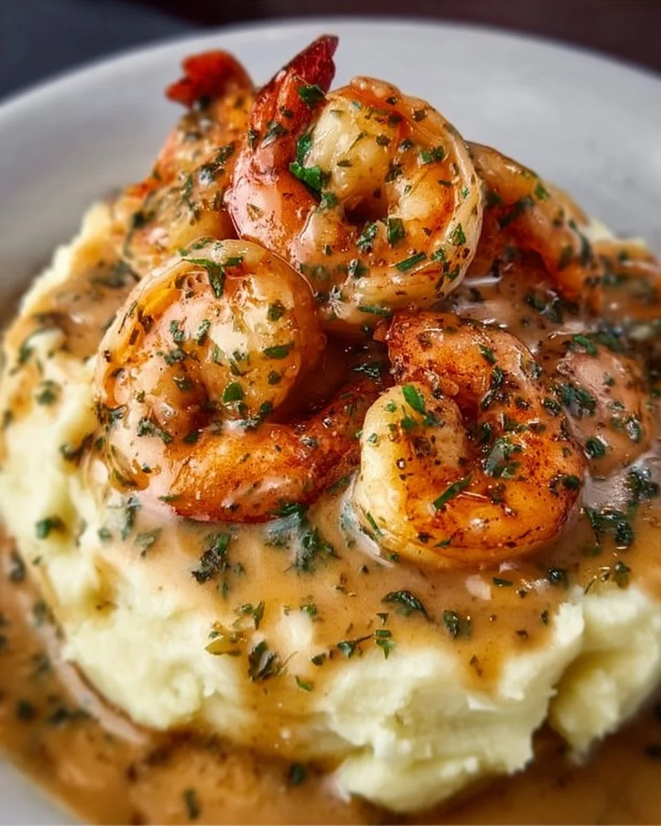 Creamy garlic shrimp dish served on mashed potatoes, delicious seafood recipe