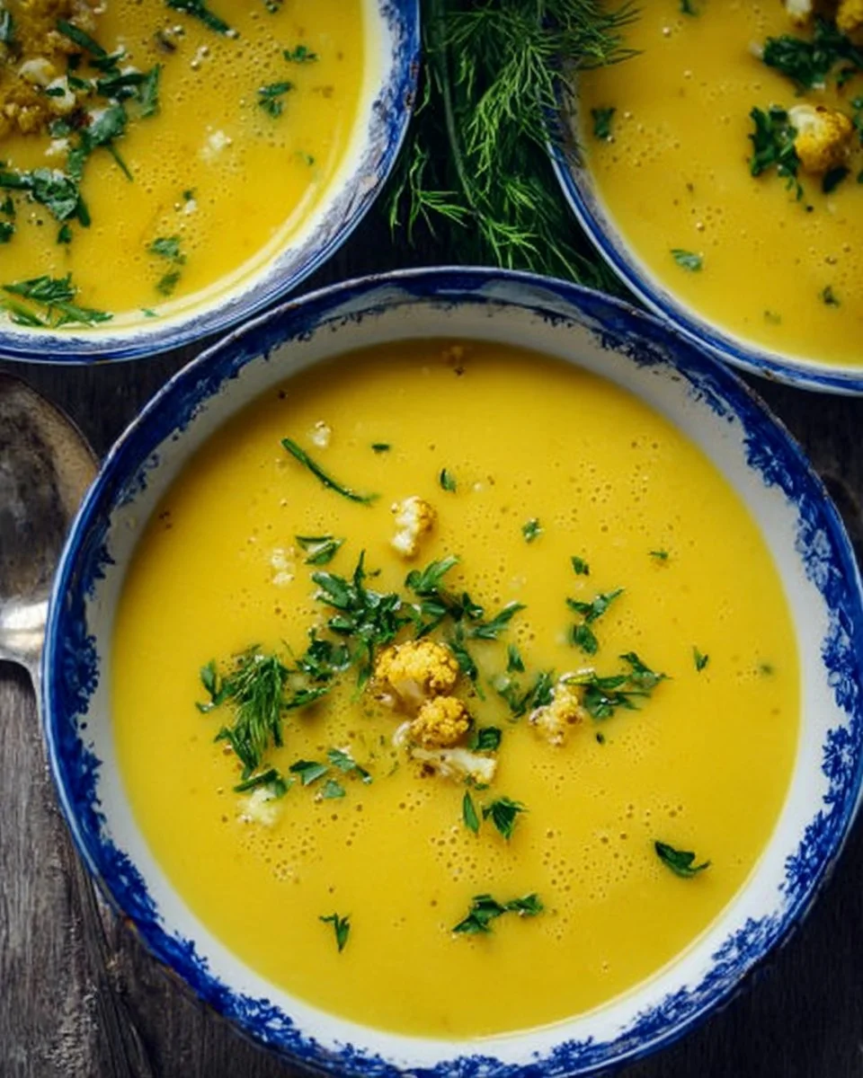 Creamy Garlic Turmeric Cauliflower Soup served in a bowl with herbs
