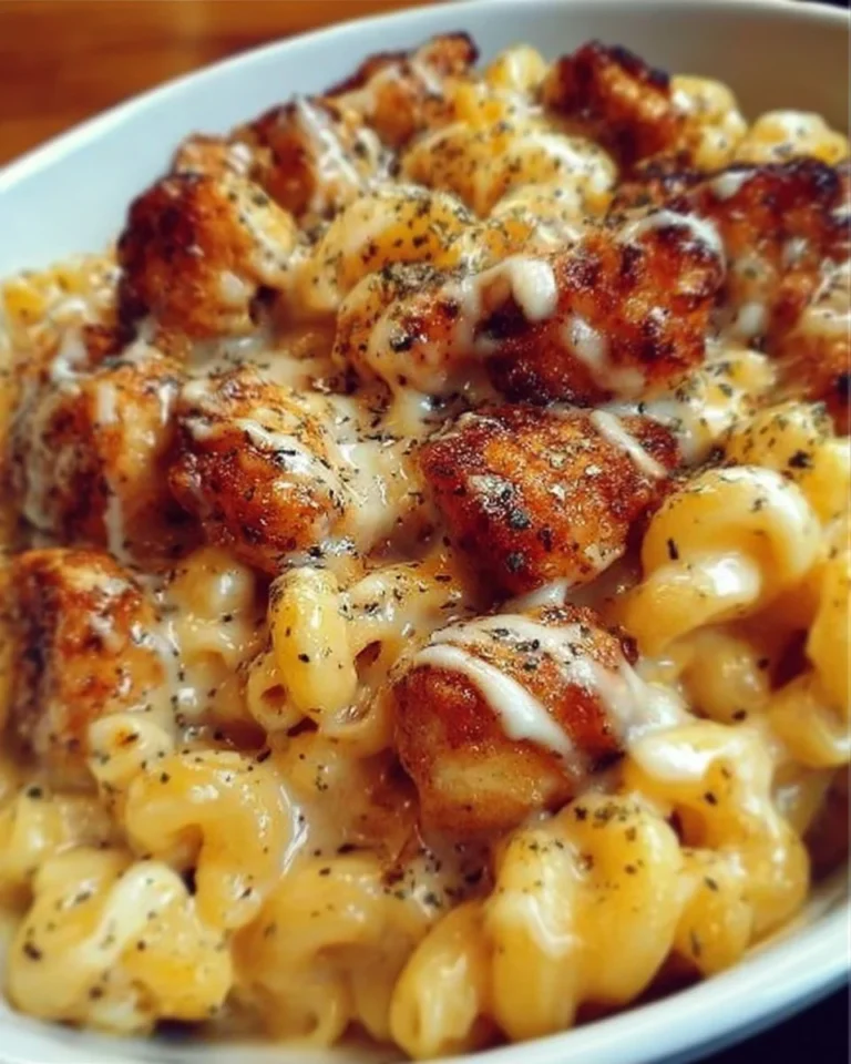 Creamy Honey Pepper Chicken Mac and Cheese with a golden crust and spicy seasoning